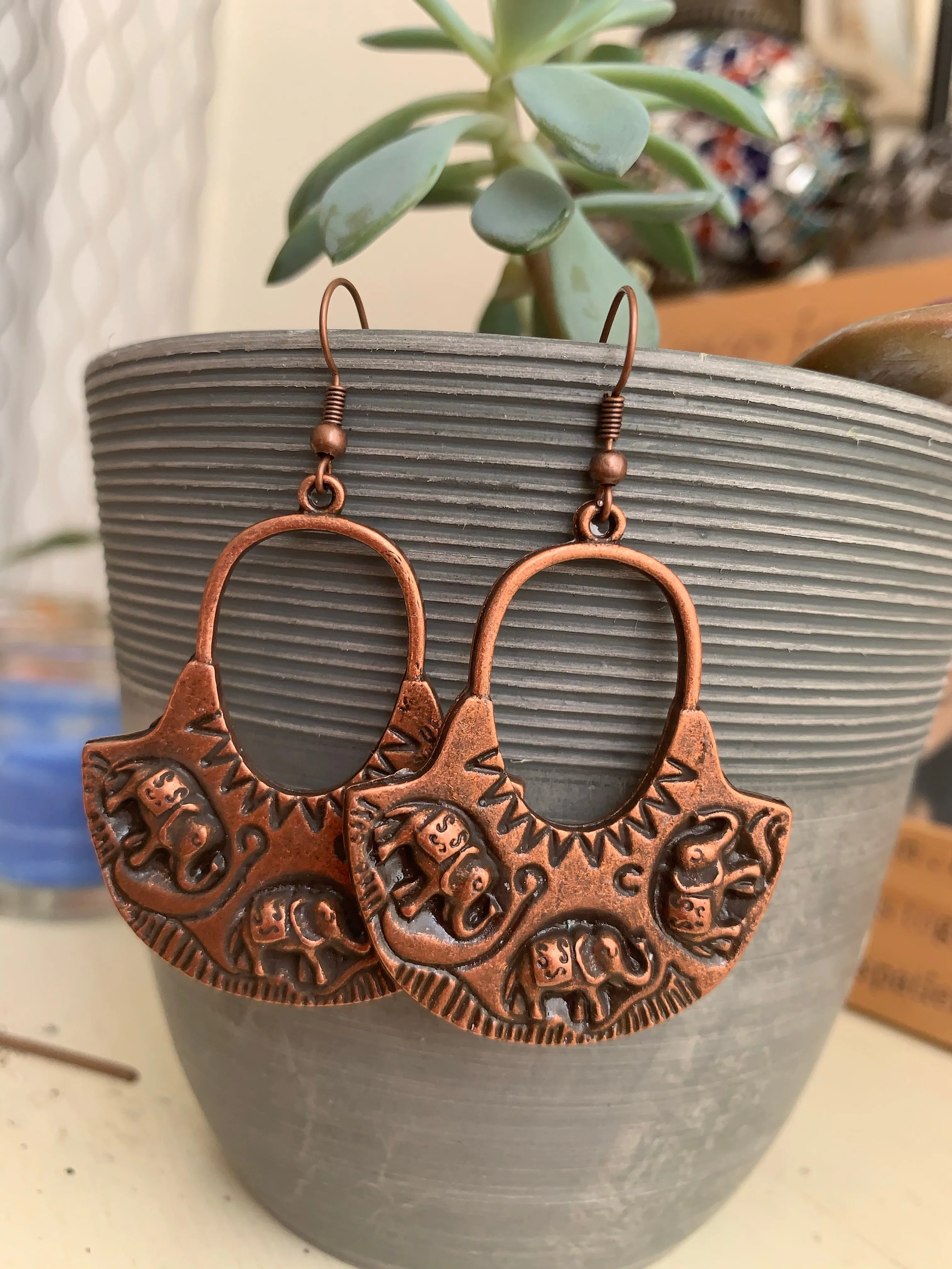 Elephant hoops, copper metal earrings