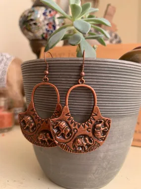 Elephant hoops, copper metal earrings