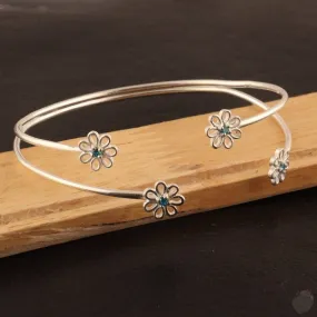 Emerald or a Blue Topaz Four Daisies Bangle - Sterling Silver