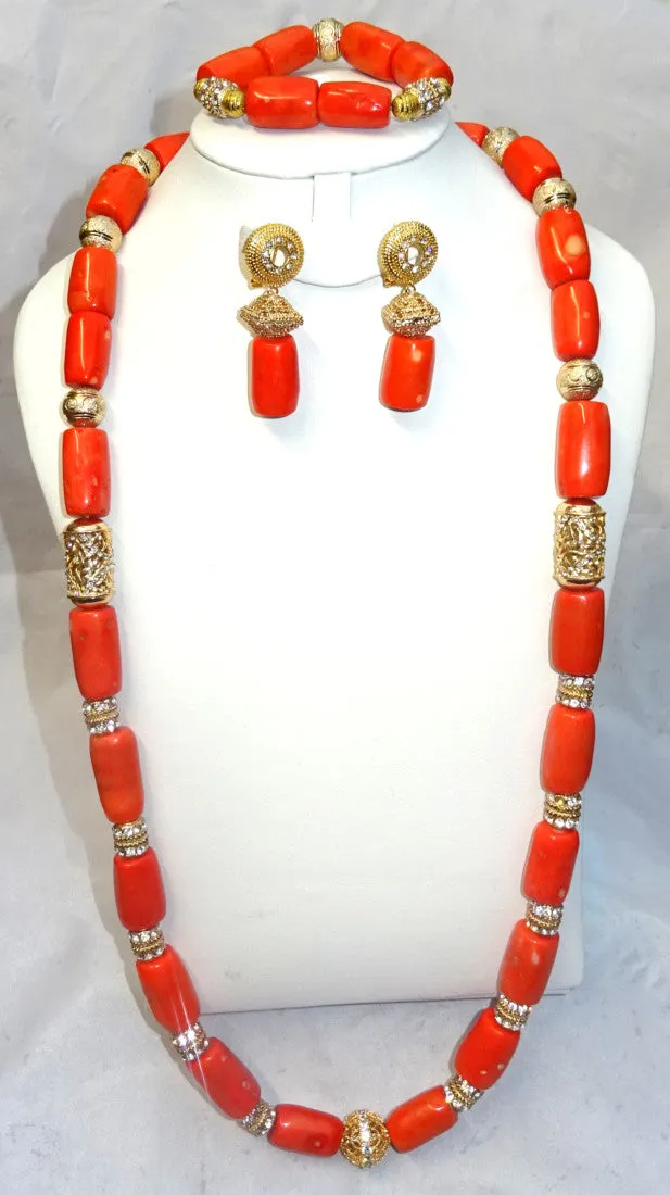 Extra Long All Gold Bling 1 Layers Original Traditional African Coral Beads Silver Bling Necklace Jewelry Set