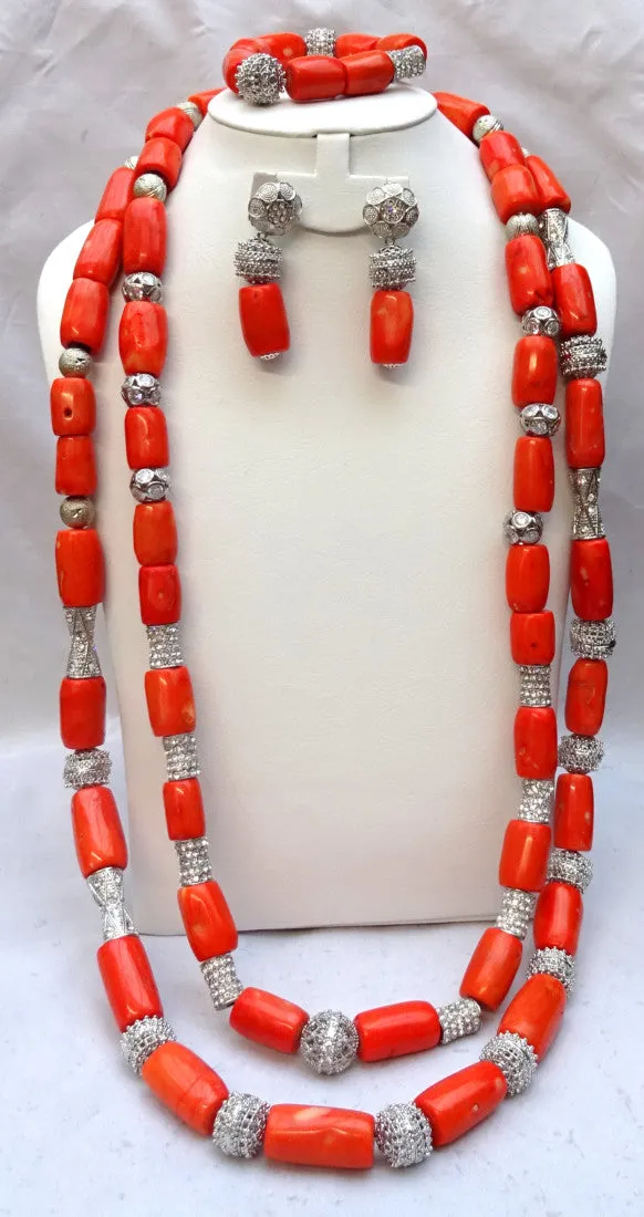 Extra Long All Gold Bling 1 Layers Original Traditional African Coral Beads Silver Bling Necklace Jewelry Set