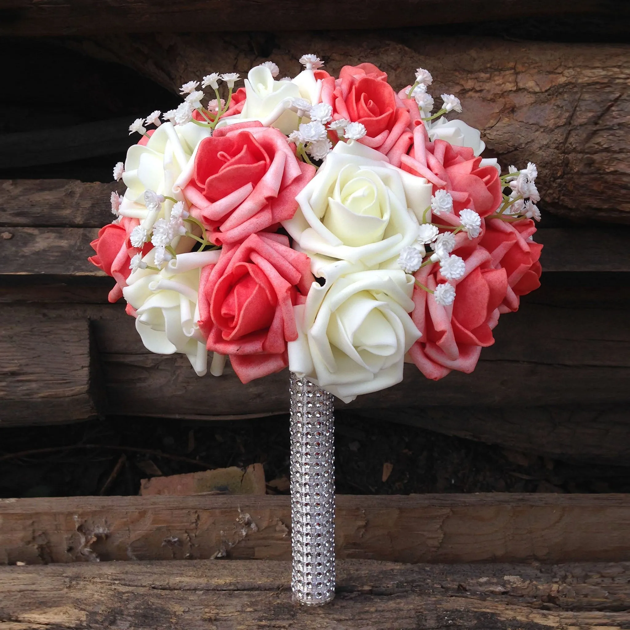 Flower Bouquet Artificial Roses Coral Ivory for Bridal Bridesmaids