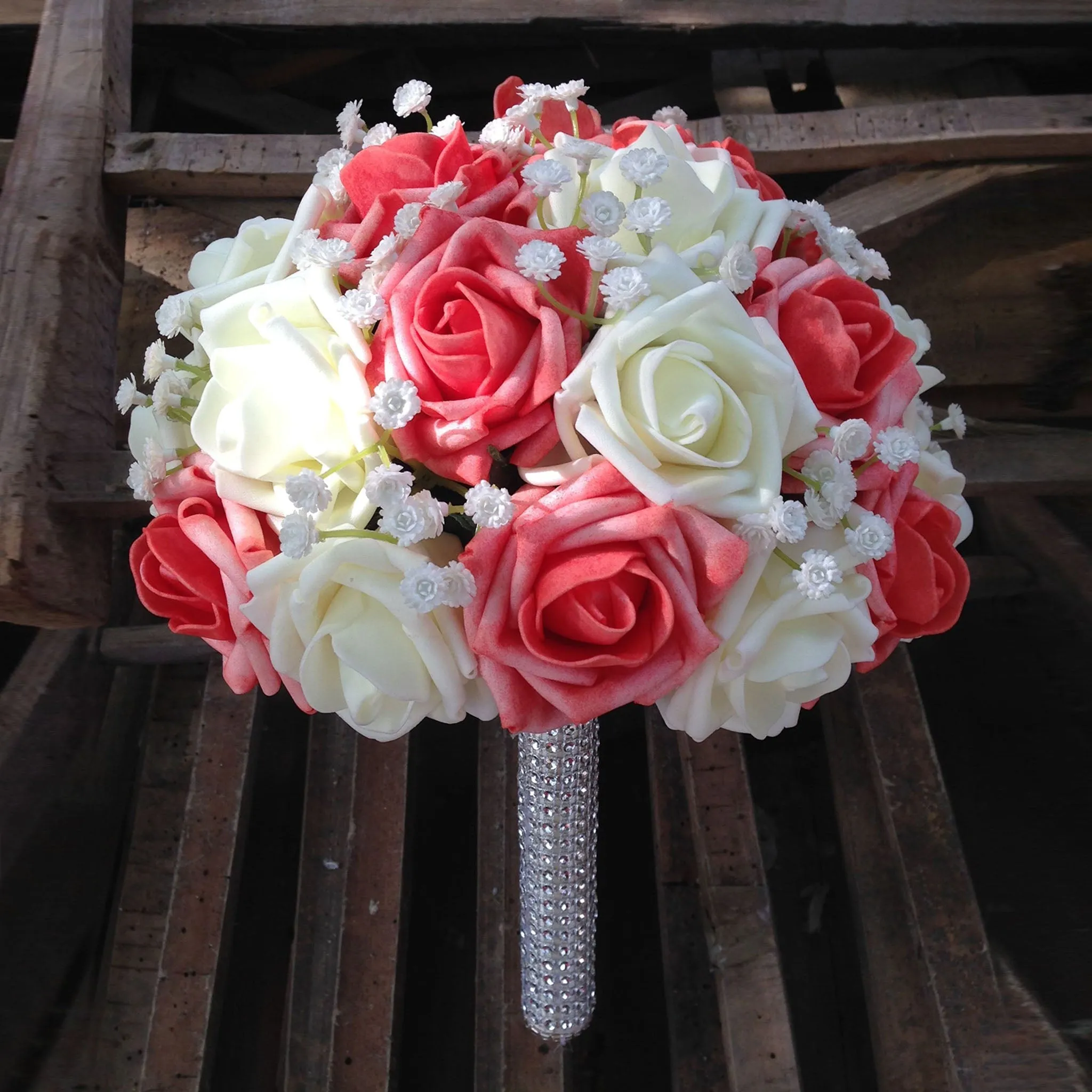 Flower Bouquet Artificial Roses Coral Ivory for Bridal Bridesmaids