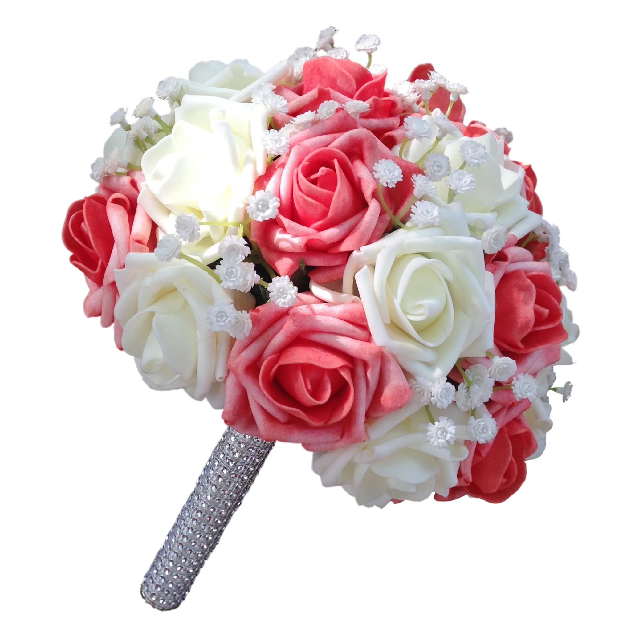 Flower Bouquet Artificial Roses Coral Ivory for Bridal Bridesmaids