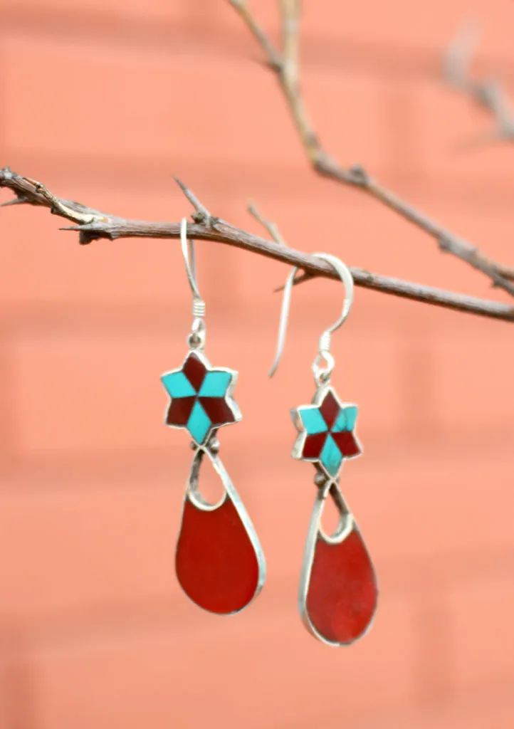 Flower Drop Inlaid Turquoise and Coral Dangle Silver Earrings