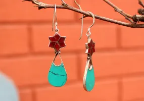 Flower Drop Inlaid Turquoise and Coral Dangle Silver Earrings