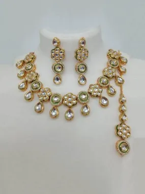 Flower Motif Kundan Ad Necklace Earring And Teeka Set