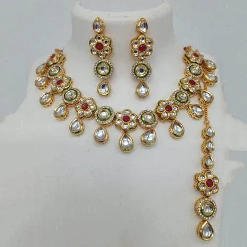 Flower Motif Kundan Ad Necklace Earring And Teeka Set