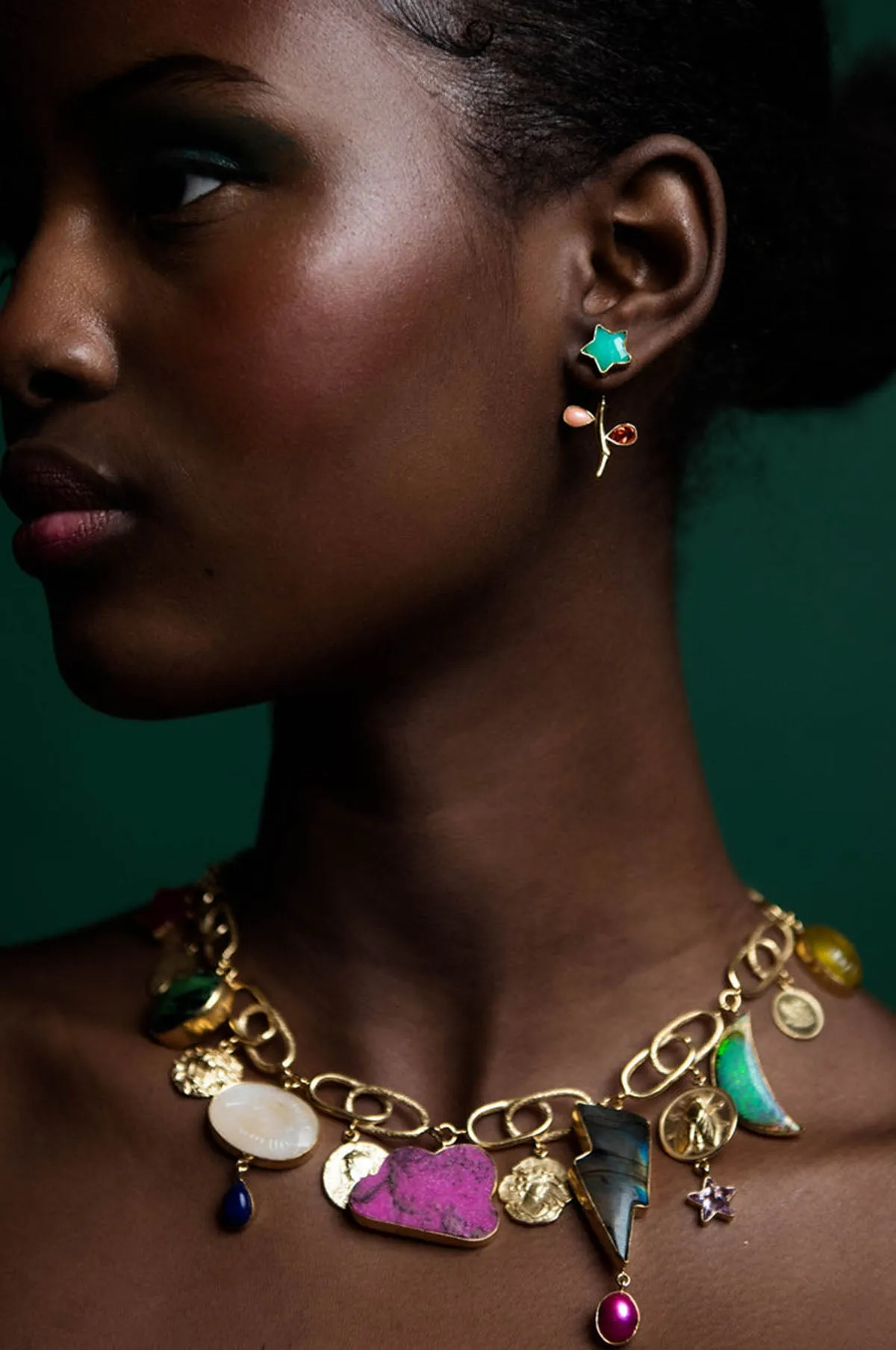 Flower Stem & Chain Drop Chrysoprase Earrings