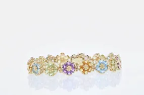 Flower Style Color Stones Link Bracelet 14K Yellow Gold