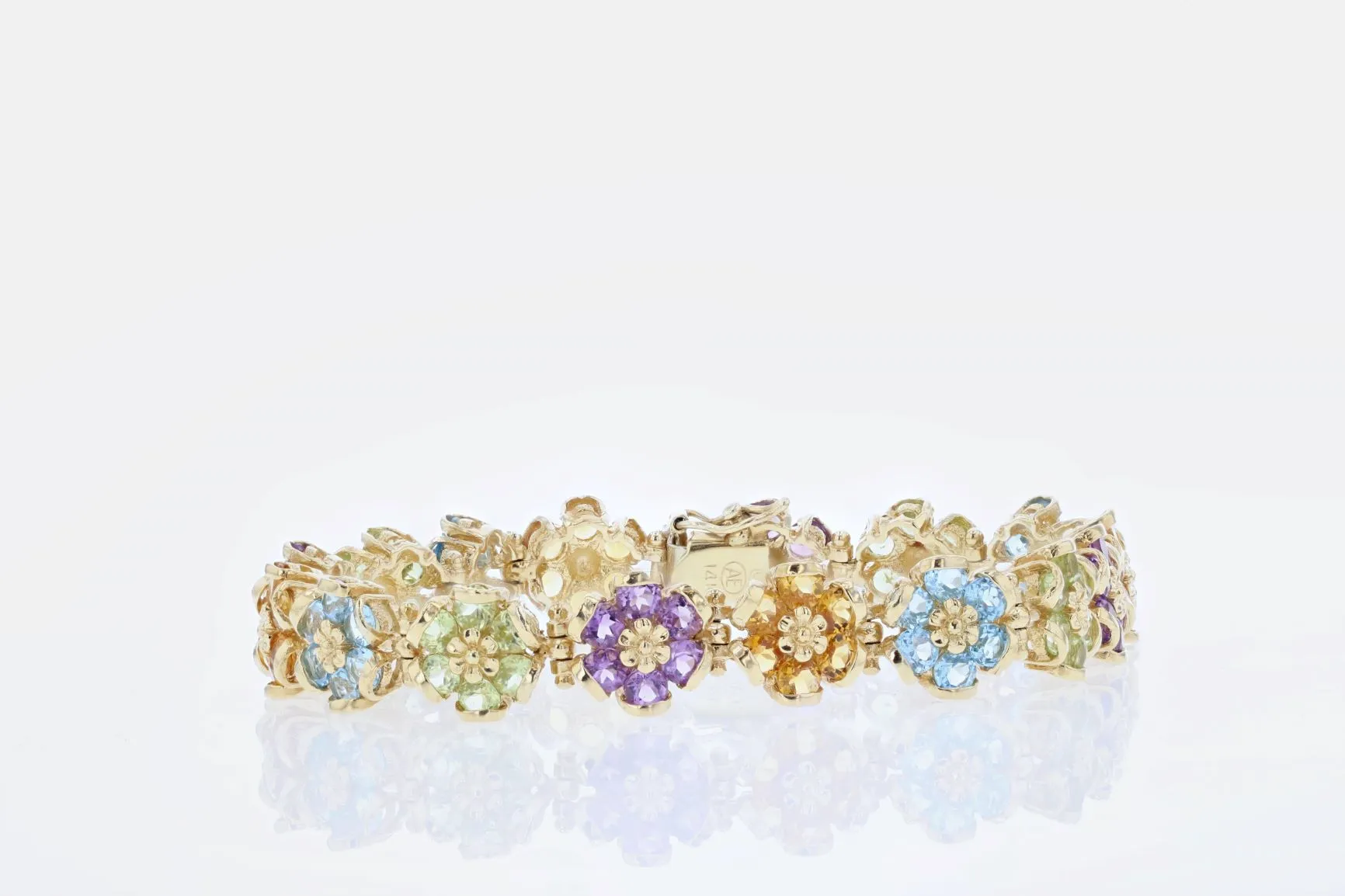 Flower Style Color Stones Link Bracelet 14K Yellow Gold