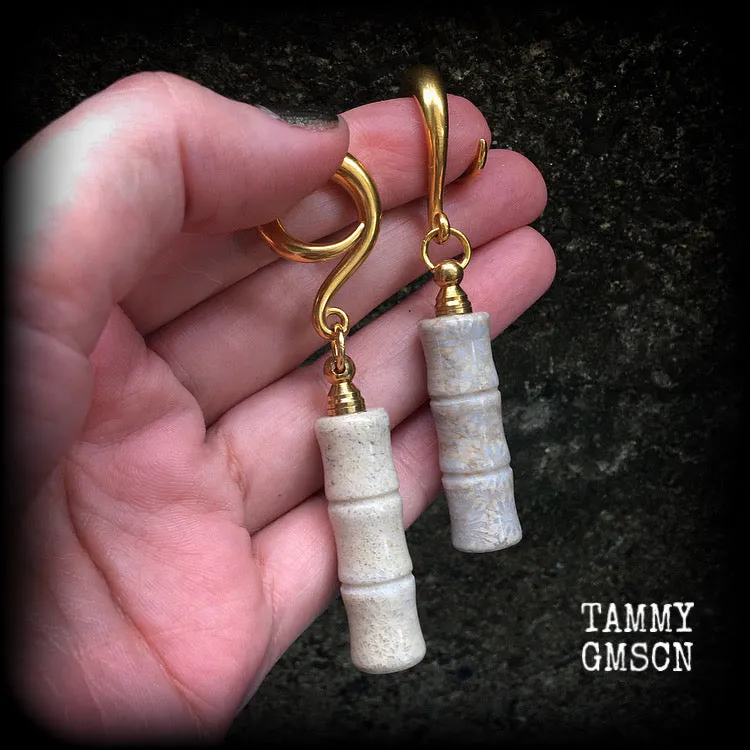 Fossilized coral gauged earrings