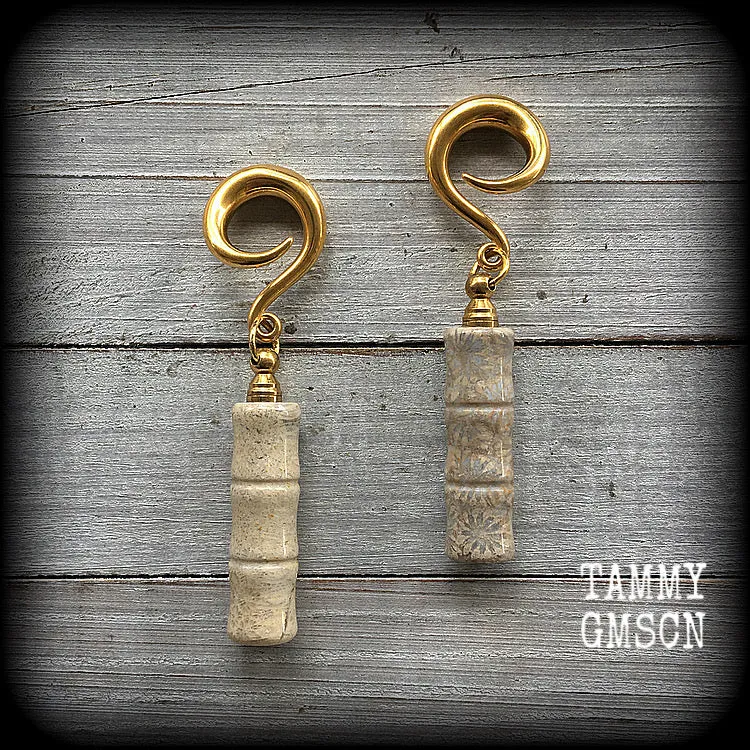 Fossilized coral gauged earrings