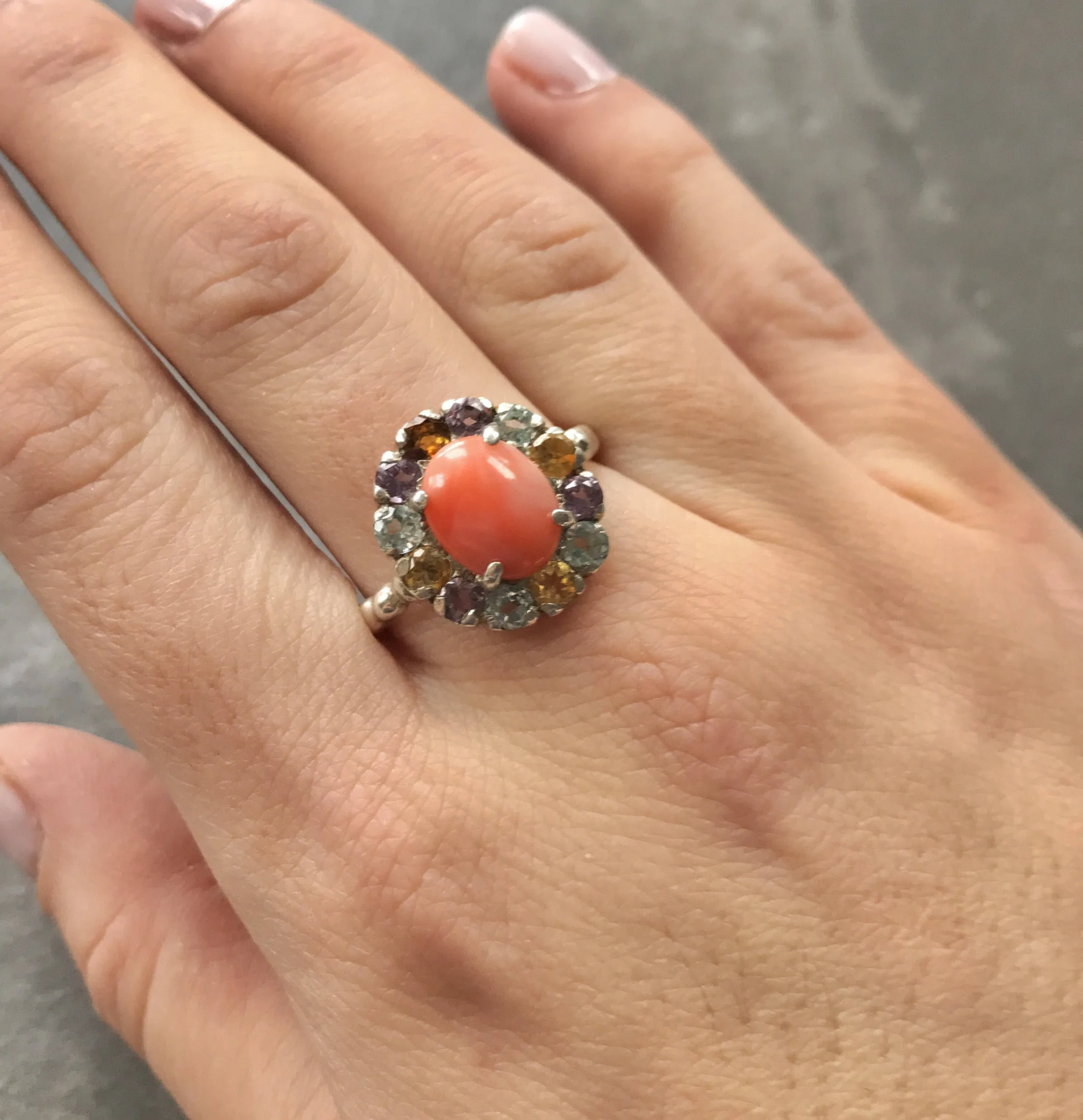 Genuine Coral Ring - Pink Cocktail Ring - Colorful Flower Ring