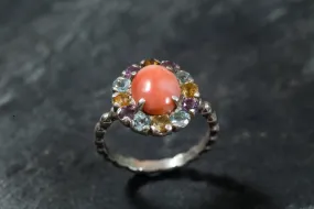 Genuine Coral Ring - Pink Cocktail Ring - Colorful Flower Ring