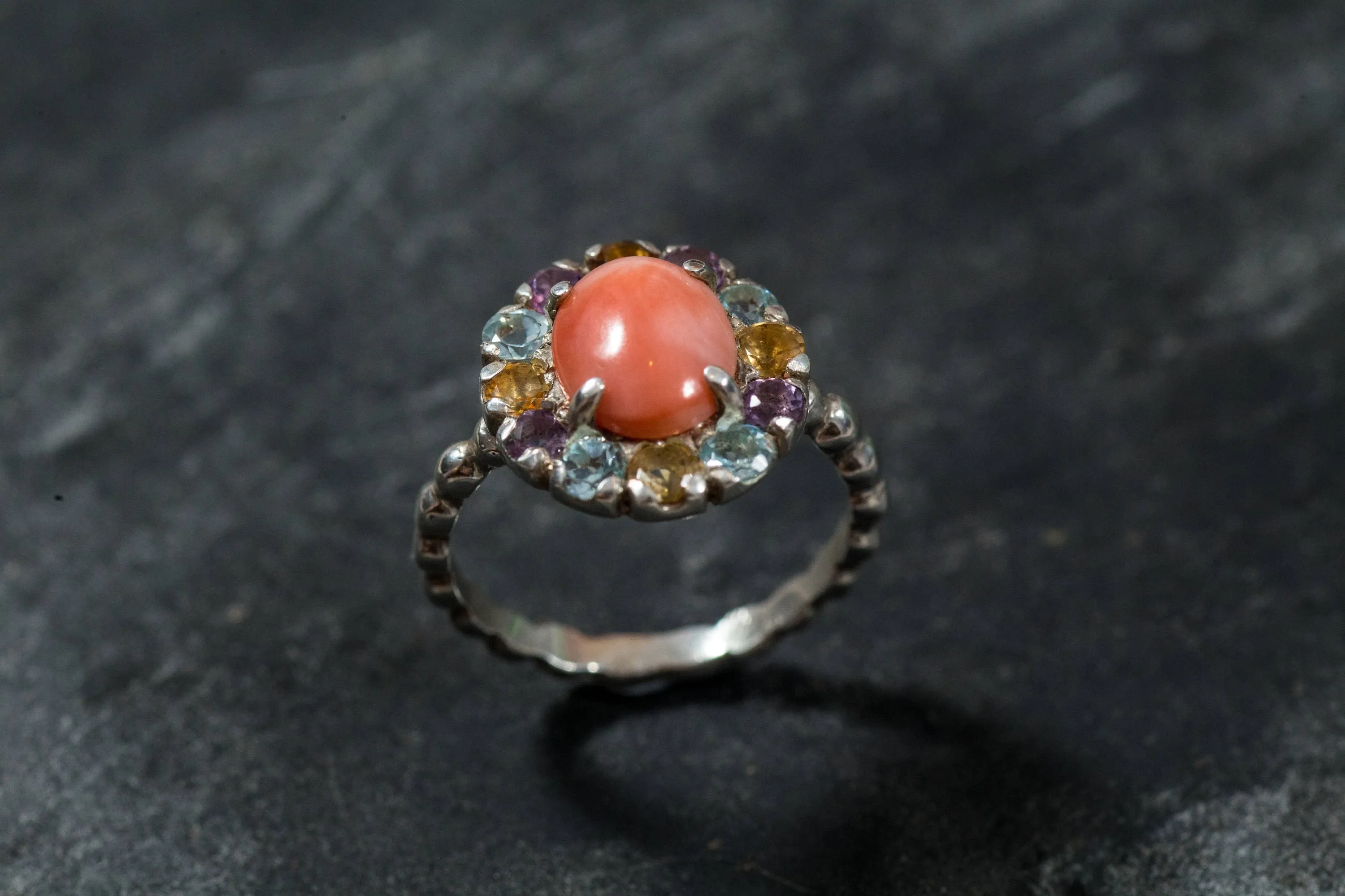 Genuine Coral Ring - Pink Cocktail Ring - Colorful Flower Ring