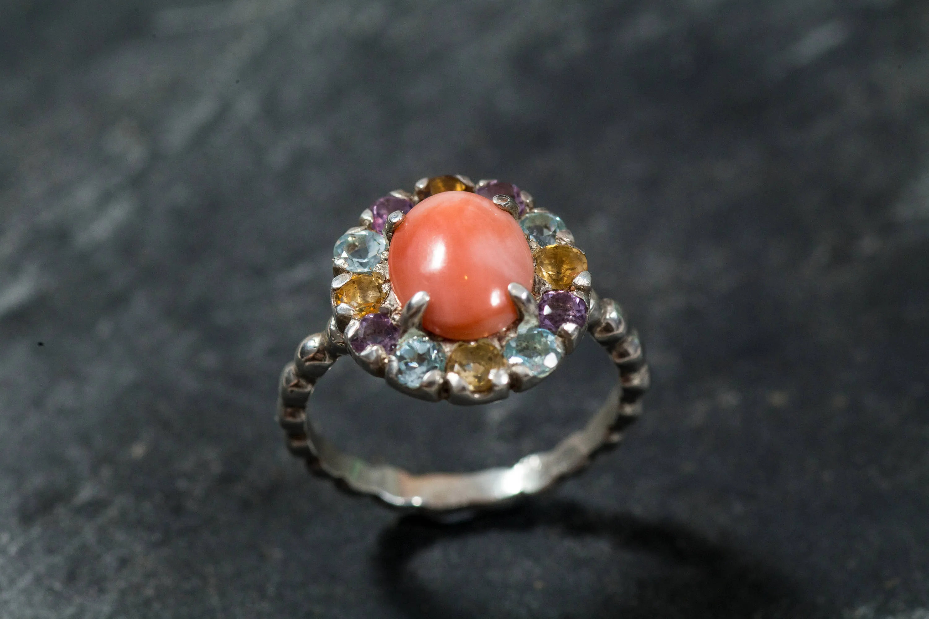 Genuine Coral Ring - Pink Cocktail Ring - Colorful Flower Ring