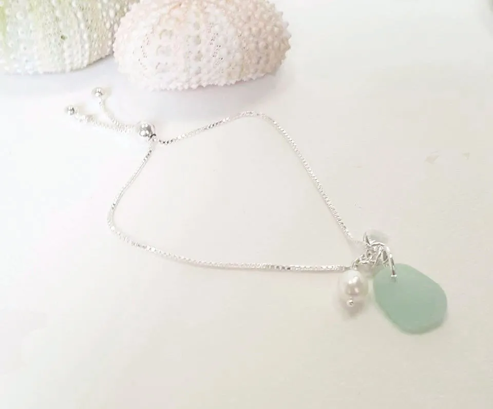 GENUINE Sea Glass Bracelet With Pearl And Crystal Fine Silver Adjustable