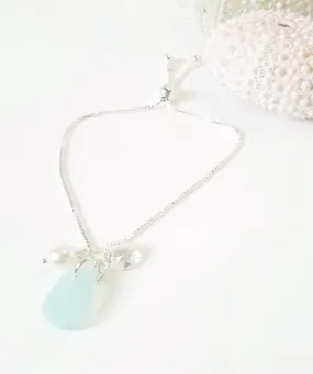 GENUINE Sea Glass Bracelet With Pearl And Crystal Fine Silver Adjustable