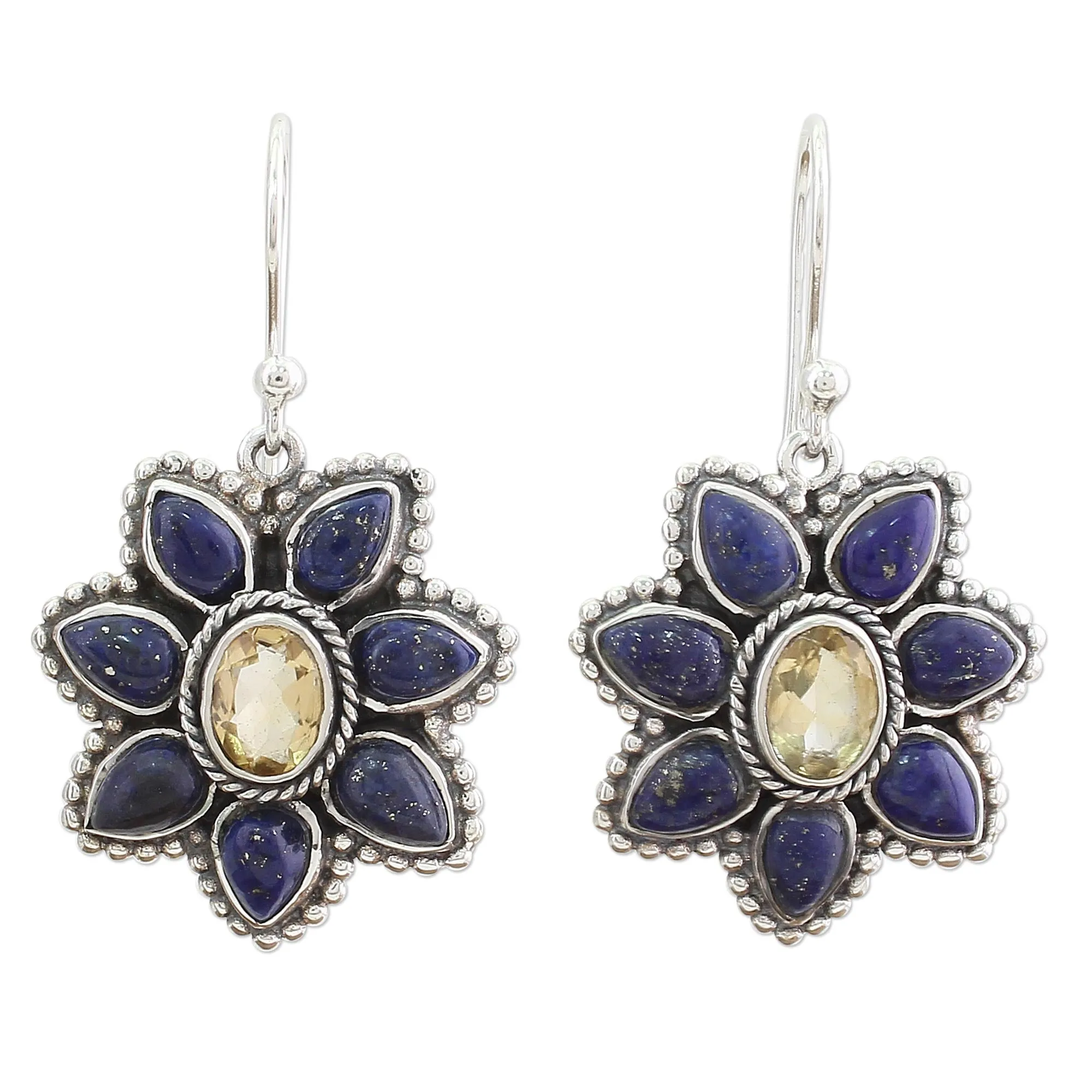 Geranium Blossoms Lapis Lazuli Citrine Floral Dangle Earrings from India