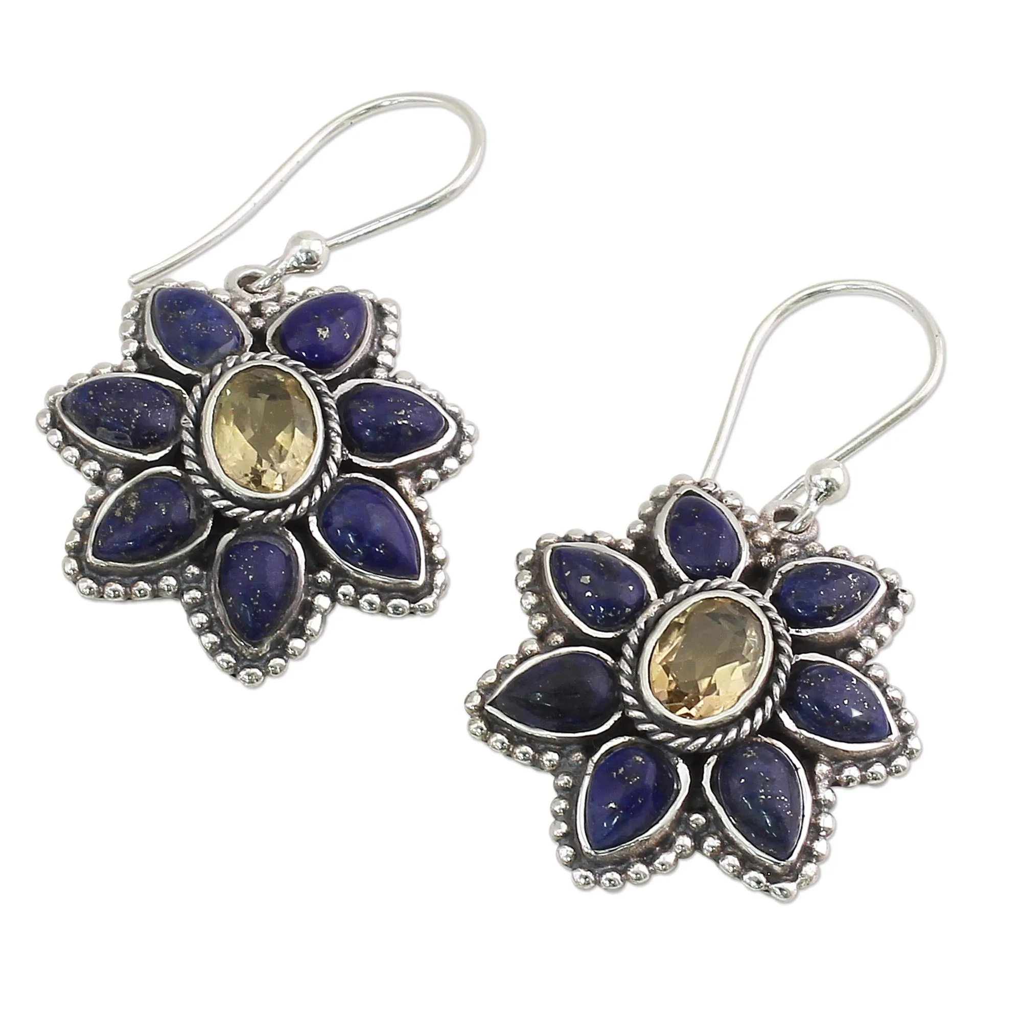 Geranium Blossoms Lapis Lazuli Citrine Floral Dangle Earrings from India