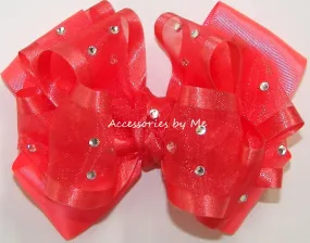 Glitzy Hot Coral Organza Satin Hair Bow