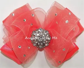 Glitzy Neon Coral Organza Satin Hair Bow