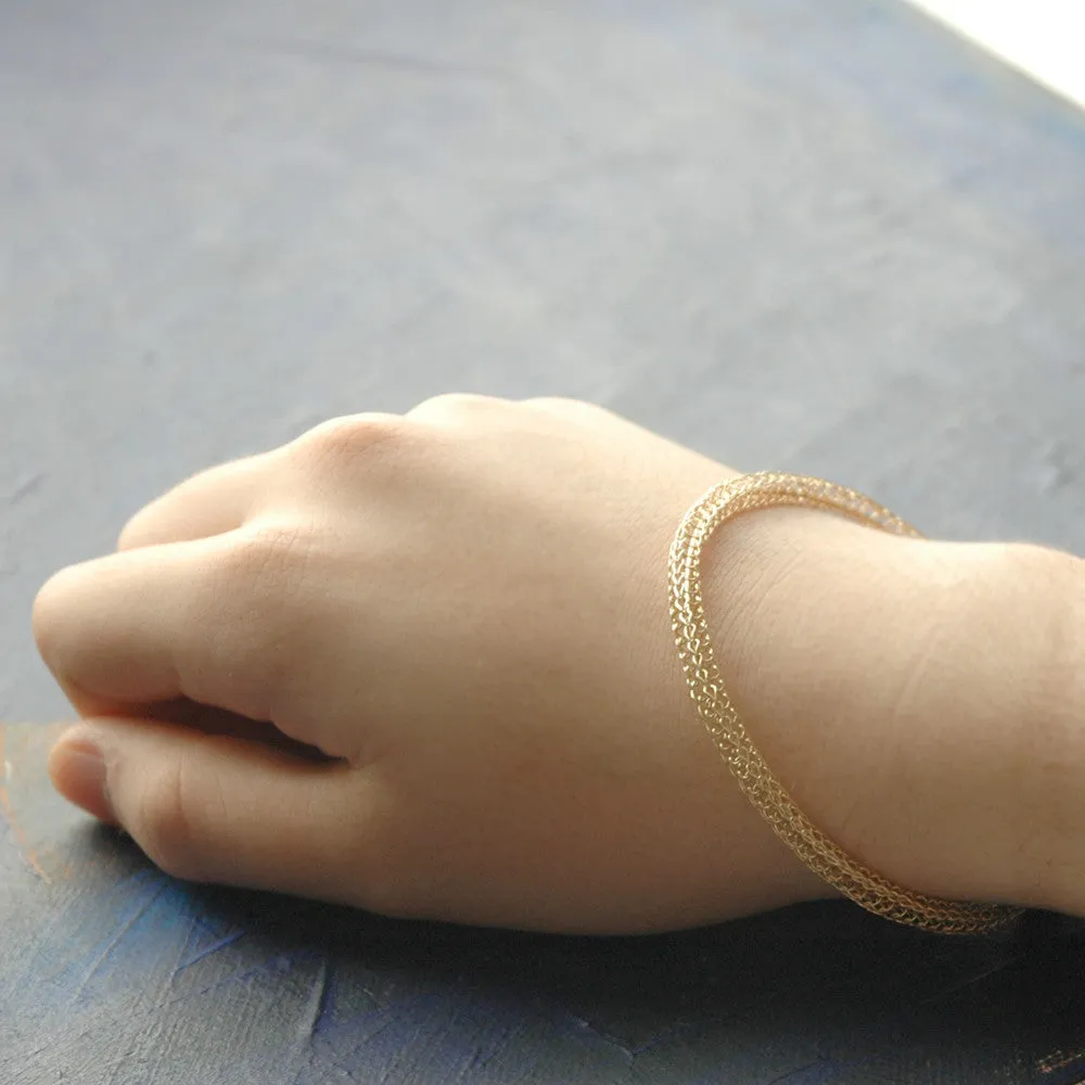 Gold bangle bracelet , wire crocheted bangle