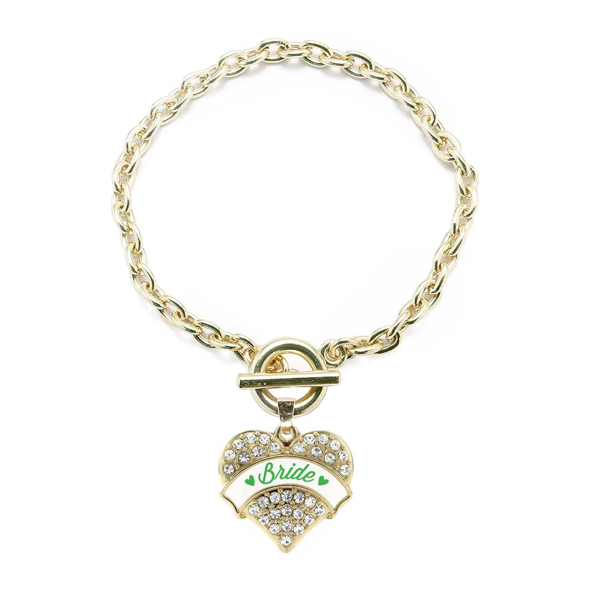 Gold Emerald Green Bride Pave Heart Charm Toggle Bracelet