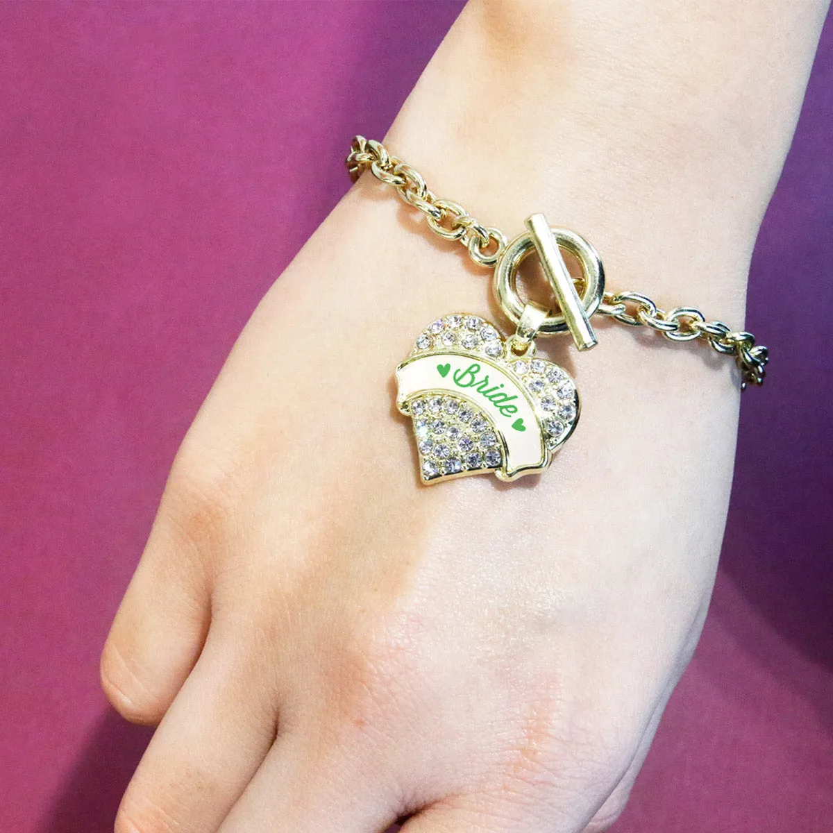 Gold Emerald Green Bride Pave Heart Charm Toggle Bracelet