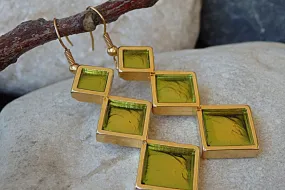 Gold Green Square Earrings