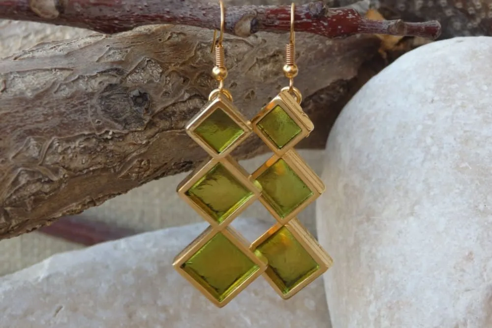 Gold Green Square Earrings