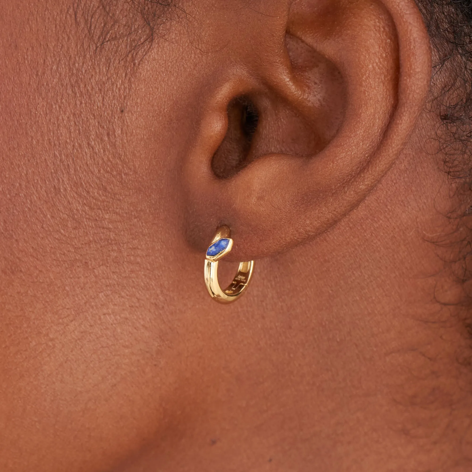 Gold Lapis Emblem Huggie Hoop Earrings