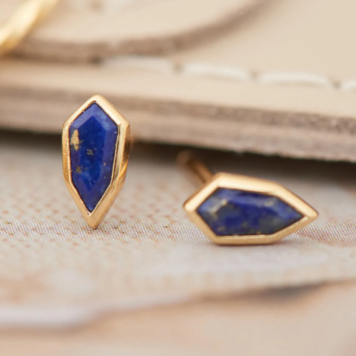 Gold Lapis Emblem Stud Earrings