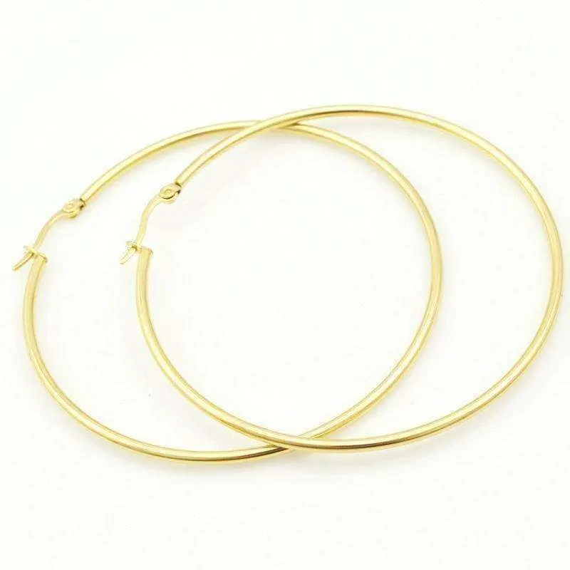 Gold Plated Tubular 316 Stainless Steel Round Classic Hoop Earrings Available in Four Sizes for Women