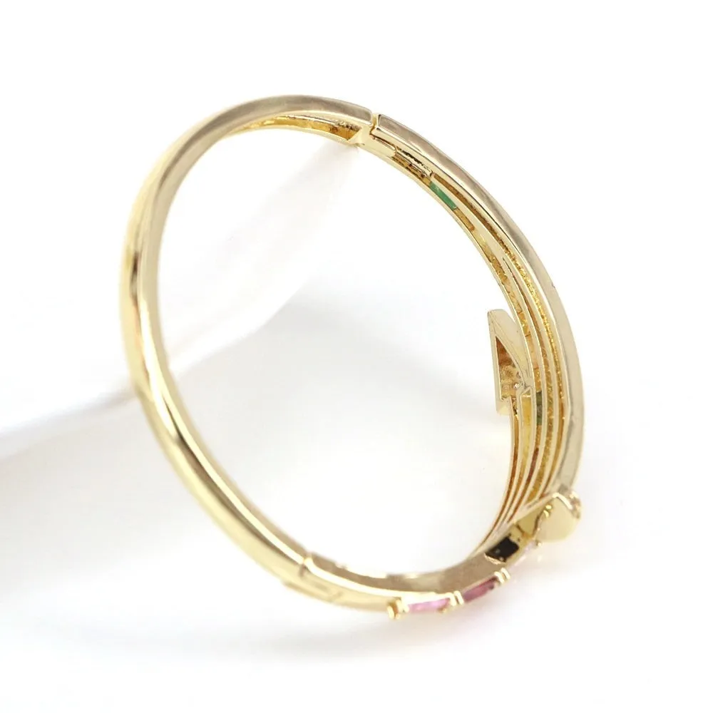 Gold Stainless-Steel Multi-Color Baguette Nail Hinged Bangle Bracelet