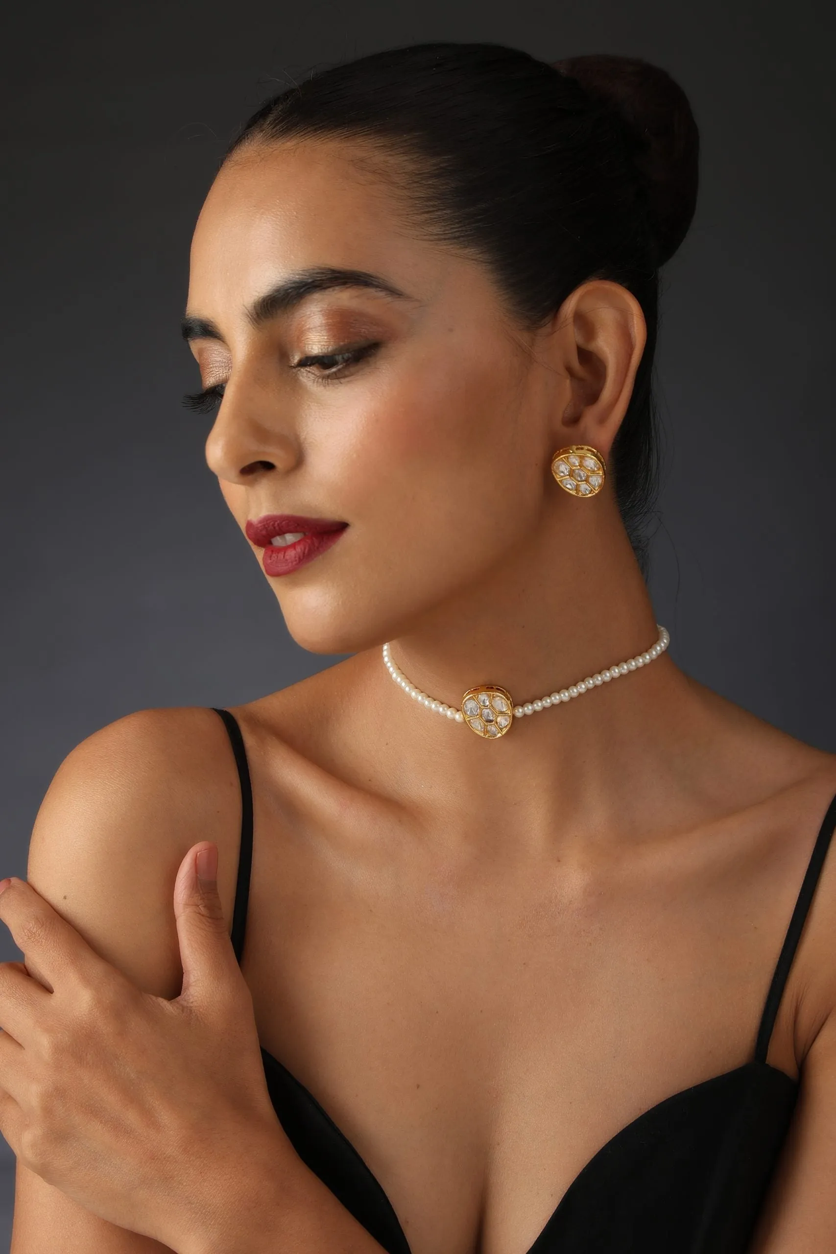 Gold Tone Polki and Pearl Choker Set