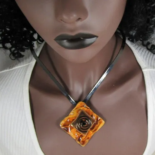 Gunmetal Choker with Handmade Orange Wash Raku Glazed Pendant