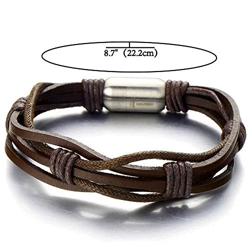 Hand-Made Brown Braided Leather Bangle Bracelet for Men, Featuring Stainless Steel Magnetic Clasp, Perfect for Casual Wear or Artisan-Themed Events