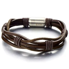 Hand-Made Brown Braided Leather Bangle Bracelet for Men, Featuring Stainless Steel Magnetic Clasp, Perfect for Casual Wear or Artisan-Themed Events