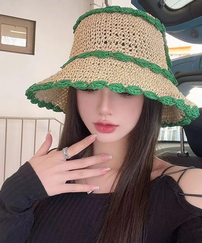 Handmade Colorblock Oversized Hollow Out Straw Woven Bucket Hat