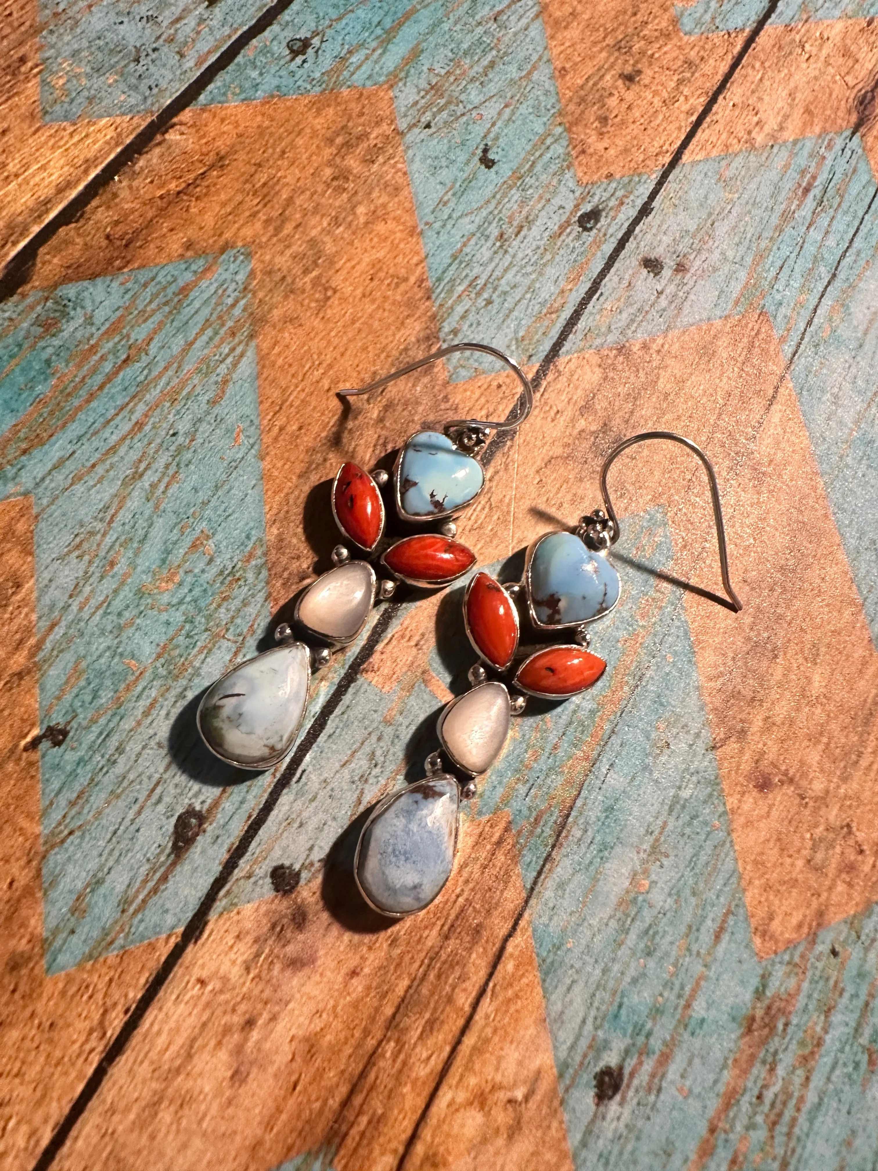 Handmade Golden Hills Turquoise, Mother of Pearl & Coral Dangle Earrings Signed Nizhoni