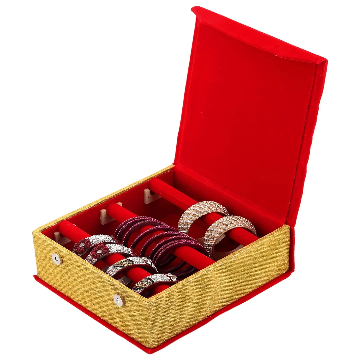 Heart Home Velvet Touch Wooden 3 Rod Bangle Box/Organizer For Bangels, Watches, Bracelets, Jewellery With Magnetic Closure Pack of 2 (Red)-47HH0688