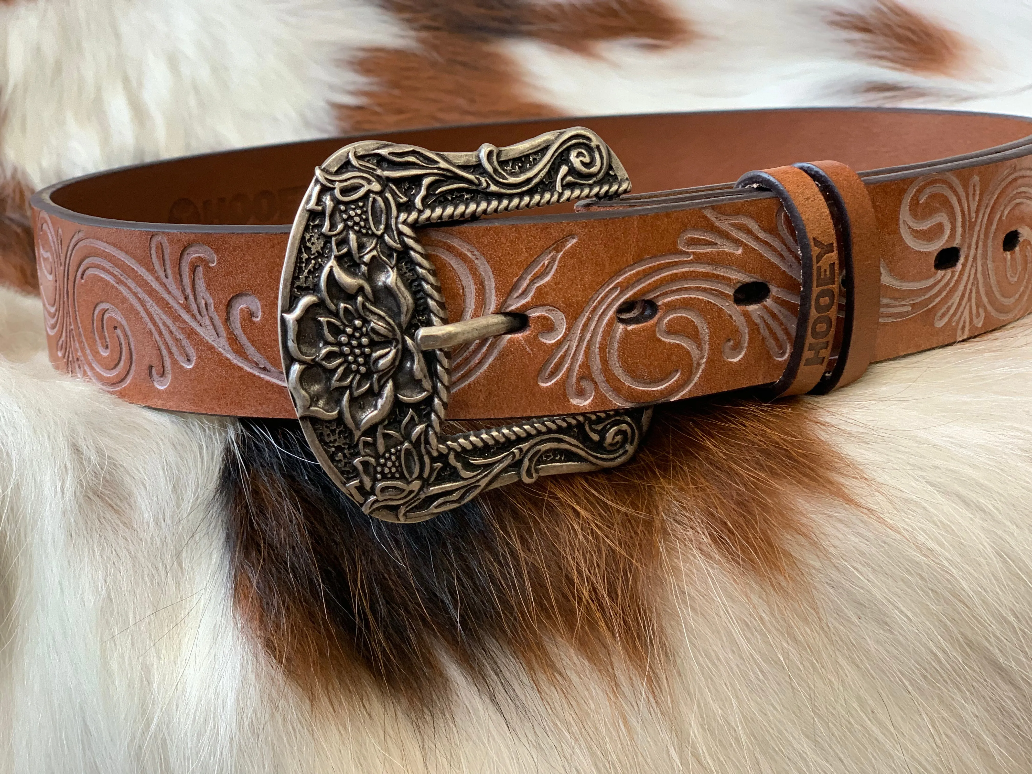 Hooey 'Paloma' Distressed Tan with Ivory Filigree Embossed Leather Belt HWBLT006