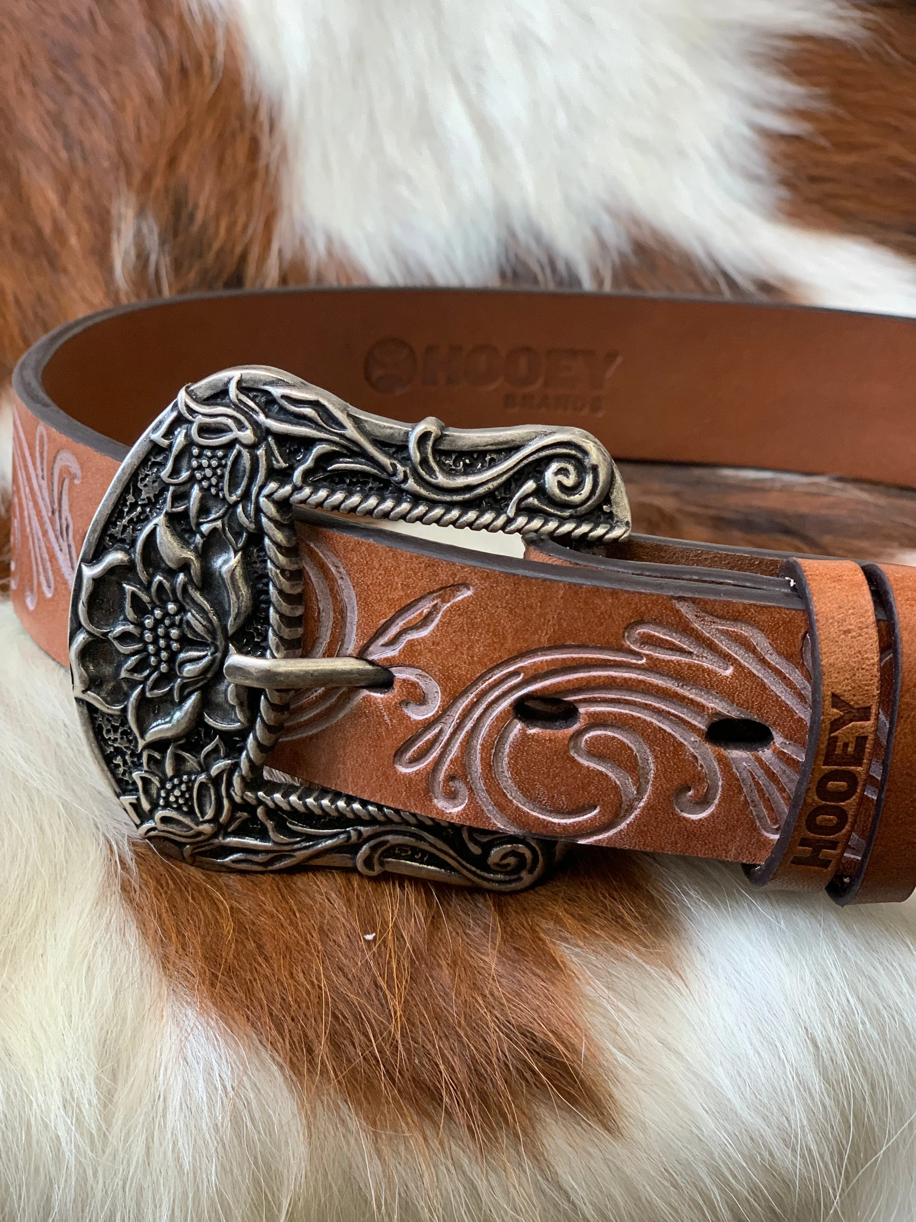 Hooey 'Paloma' Distressed Tan with Ivory Filigree Embossed Leather Belt HWBLT006