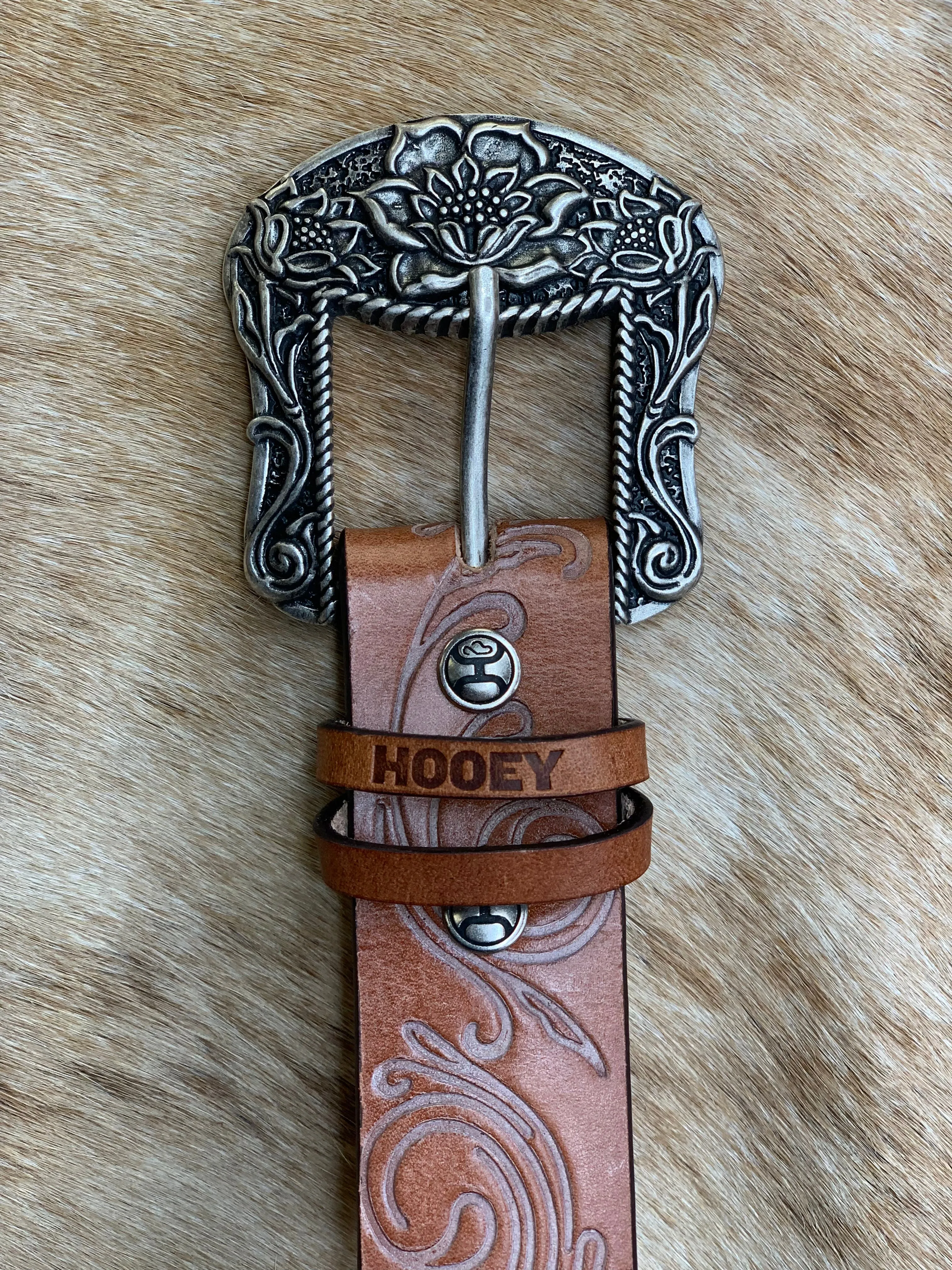 Hooey 'Paloma' Distressed Tan with Ivory Filigree Embossed Leather Belt HWBLT006