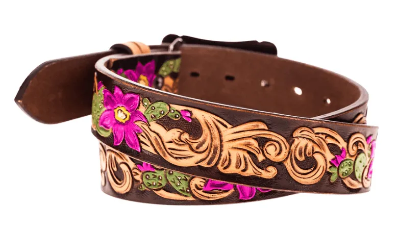 Hooey Senorita Brown Hand Tooled Hand Painted Cactus Blossom Accent Leather Belt HWBLT031