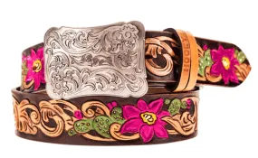 Hooey Senorita Brown Hand Tooled Hand Painted Cactus Blossom Accent Leather Belt HWBLT031