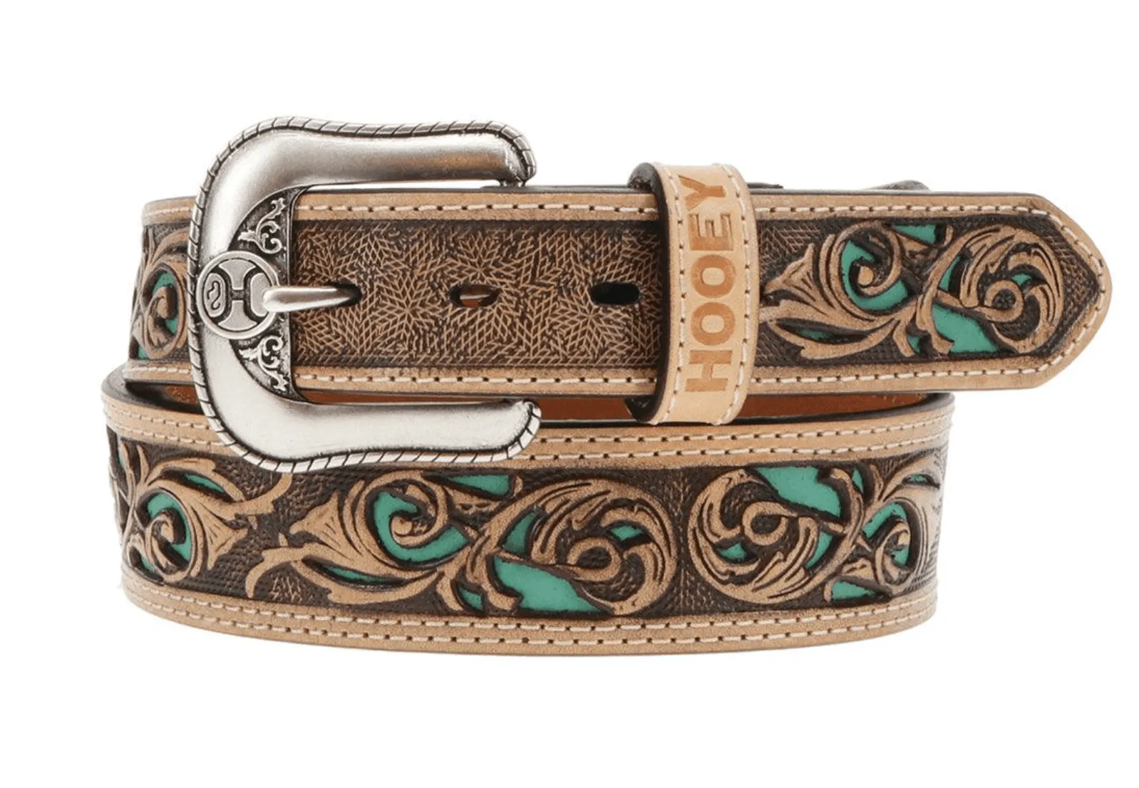 Hooey 'Top Notch' Brown Feather & Filigree Cutout Turquoise Inlay Leather Belt HMBLT003