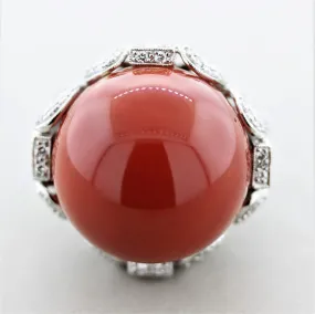 Important Coral Diamond Platinum Cocktail Ring